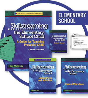 Six products from the Skillstreaming the Elementary School hild product line, grouped over a circle, with the words "Elementary School" set in the upper right hand corner.