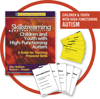 Three products from the Skillstreaming Childen and Youth with High-Functioning Autism product line, grouped over a circle, with the words "Children and Youth with High-Functioning Autism" set in the upper right hand corner.